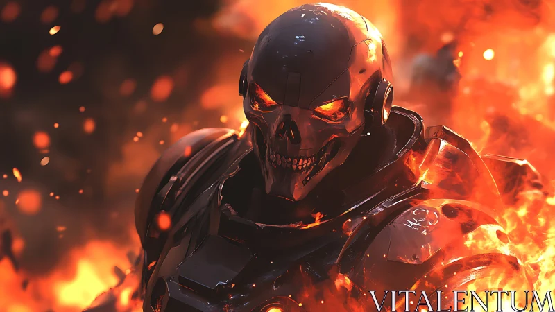 Fiery cyber skull warrior glowing through swirling flames.
