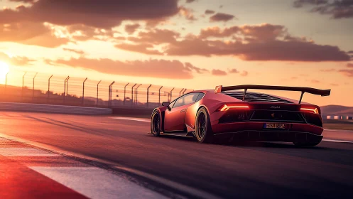 Track-ready red supercar at sunset on curving race circuit