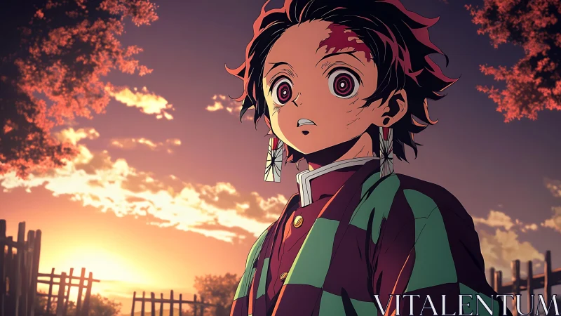 Young anime warrior gazes at a blazing, hopeful sunset sky