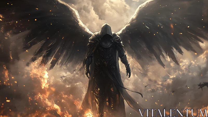 Shadow-winged guardian rising through storm and embered sky.