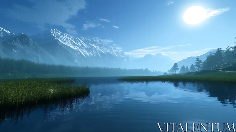 Quiet mountain lake glowing gently under soft blue light.