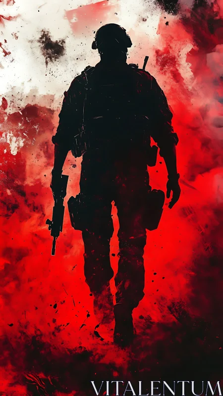 Silhouetted soldier advances through abstract red combat haze