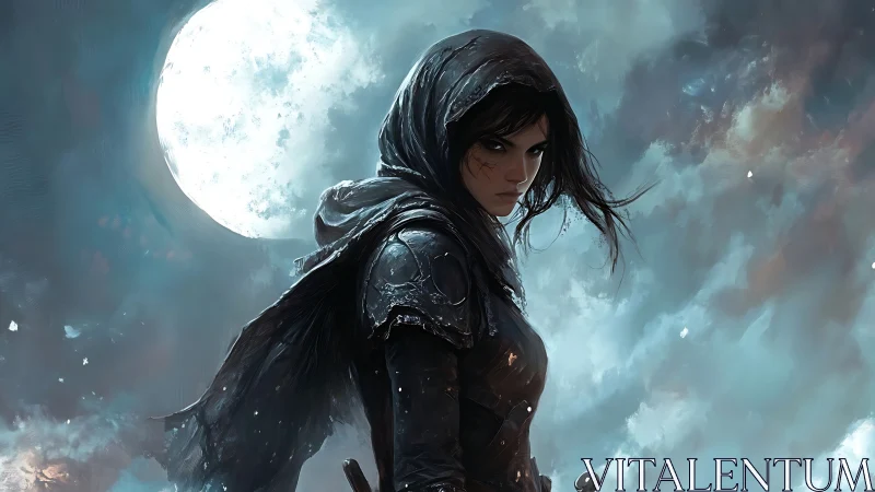 Hooded female warrior in dark armor before full moon sky.