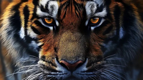 Close frontal view of a tiger face with detailed fur patterns.