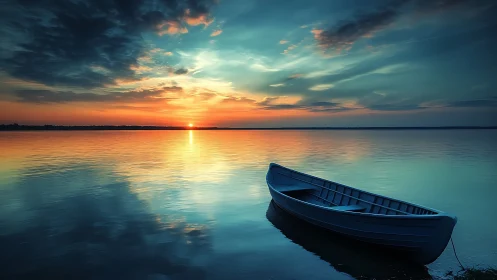 Quiet blue rowboat resting under a silky painted sunset.