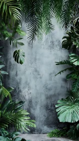 Tropical foliage frame around textured concrete wall.