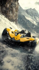 Yellow track car powers through icy alpine mountain pass.