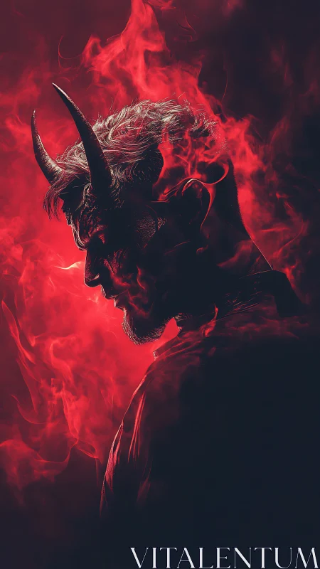 Infernal horned profile in crimson smoke and dramatic backlight.