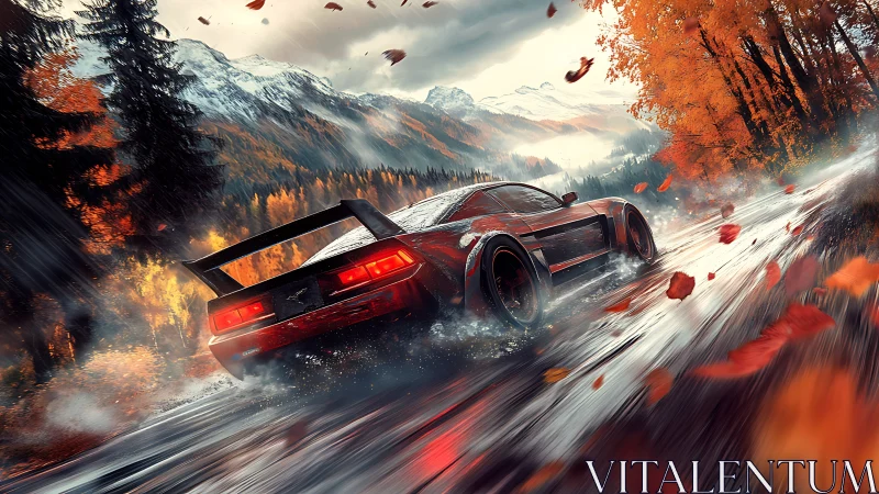 Sport car traverses wet mountain road in autumn forest