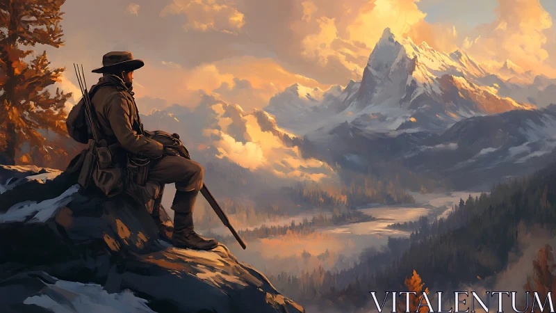 Lone trail scout watching ember clouds crown wild peaks.