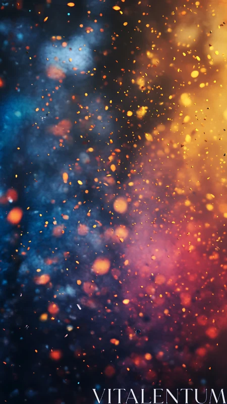 Glowing bokeh particles over deep blue and orange haze.