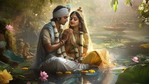 Riverlit devotion between lotus lovers in golden hush.