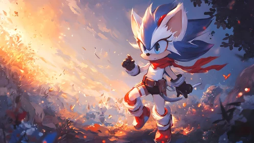 Anthropomorphic fox warrior strides through volumetric sunset forest