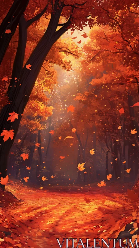 Autumn forest path with falling leaves under soft light.