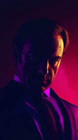 Dual-tone rim lighting isolates suited male portrait in shadow