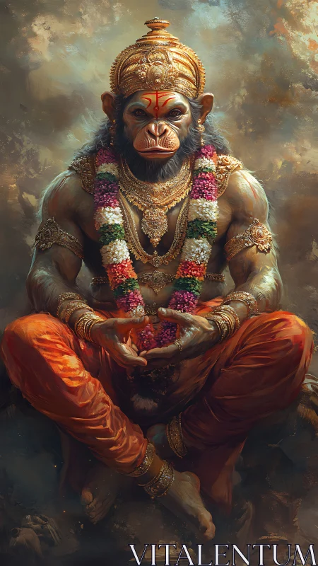 Divine simian deity in ornate gold armor and saffron robes.