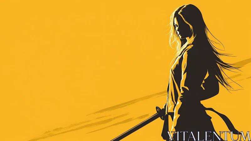 Silhouetted swordswoman profile on bold monochrome yellow field
