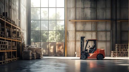 Red forklift stands in sunlit industrial warehouse interior