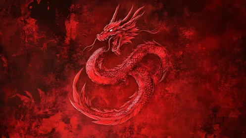 Crimson dragon coils in fiery red shadows with fierce grace