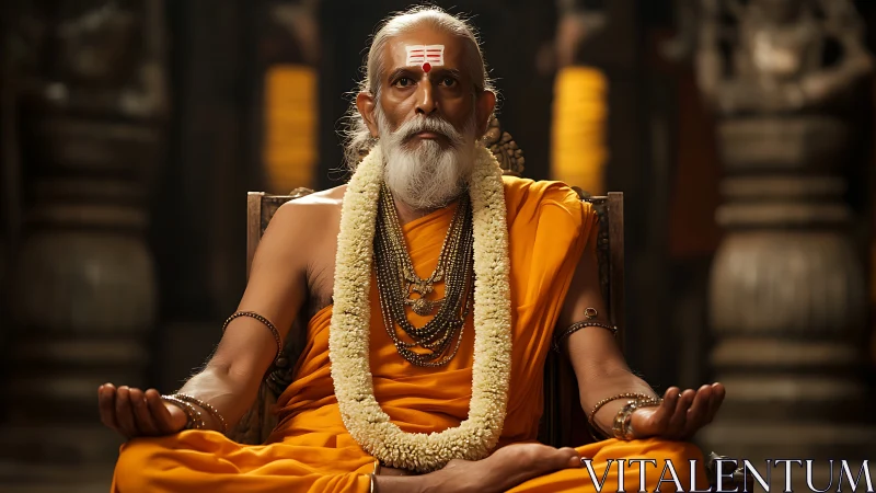 Elderly Hindu monk in saffron robes sits in meditative symmetry