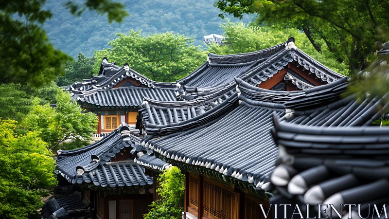 Curved tiled hanok roofs rhythmically crown verdant hillside.