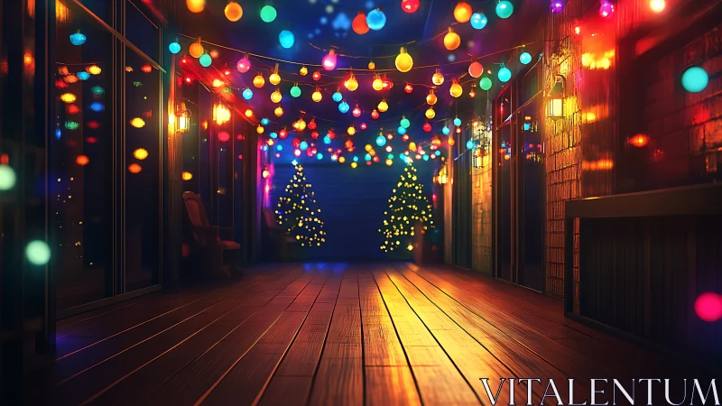 Festive veranda perspective with glowing multicolor string lights.