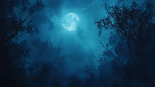Nocturnal forest canopy under luminous cyan full moon.