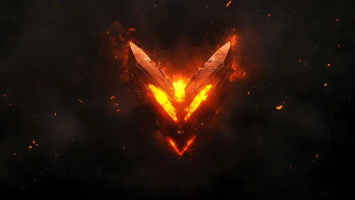 Molten shard emblem forming fiery angular V in smoke-filled void