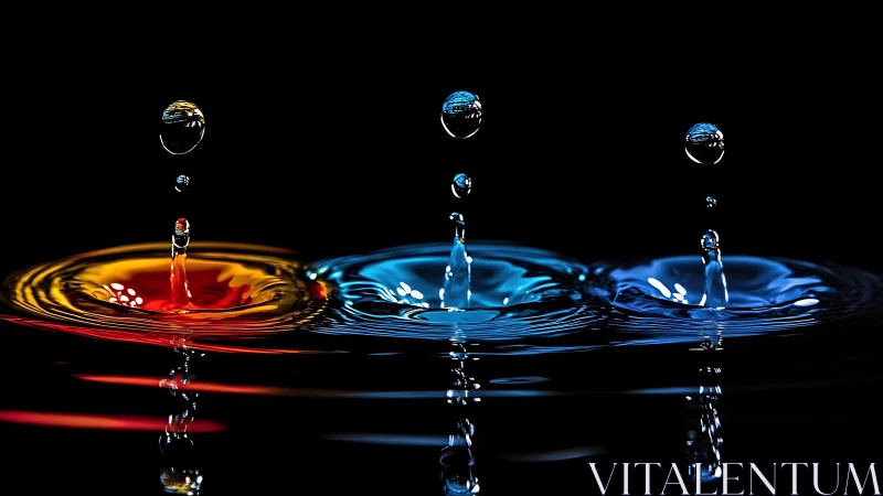 Color split water drops form synchronized ripples in darkness