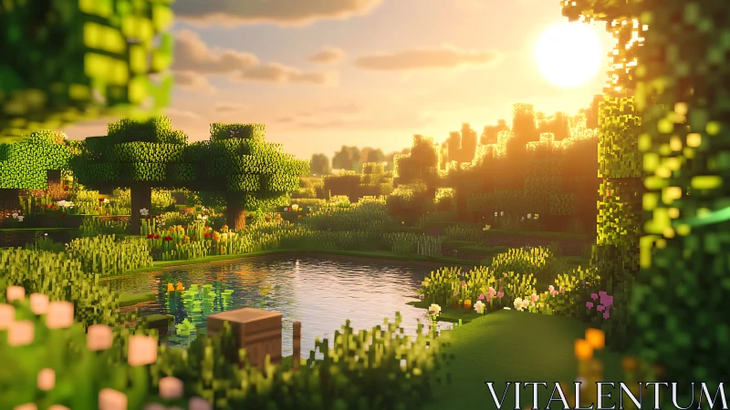 Voxel landscape scene shows reflective pond at low sun height