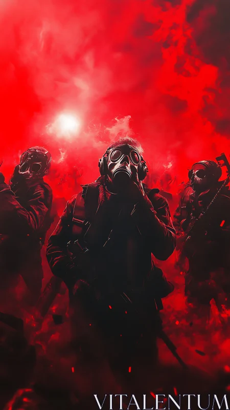 Crimson haze squad emerging from the swirling red storm.