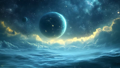 Celestial ocean planet floats above luminous cloud horizon.