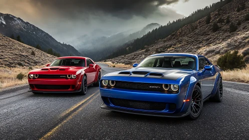 Dueling muscle cars chase stormlight through mountain pass.