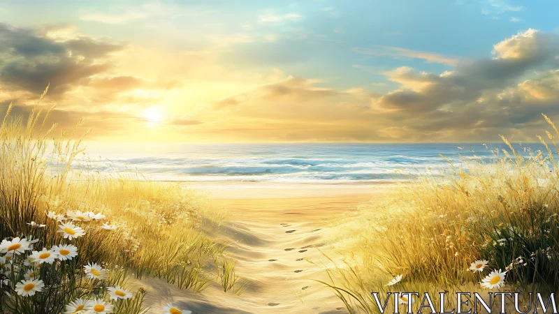 Sunlit dunes and daisies framing a serene seaside horizon.