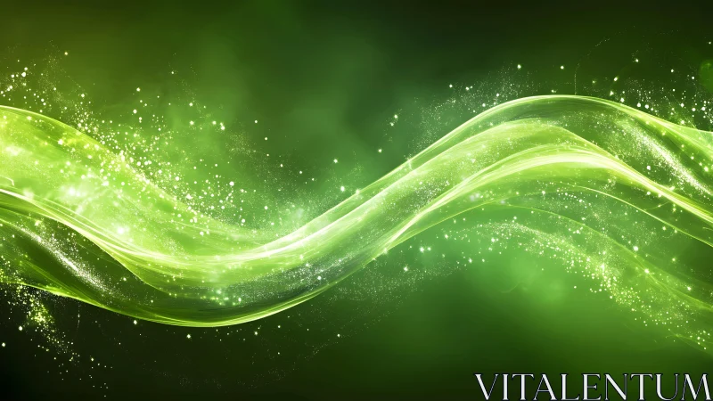 Glowing Green Light Wave Abstract Digital Art with Sparkling Effects.