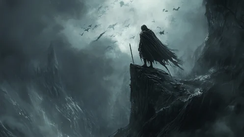 Cloaked wanderer on storm-lashed cliff amid circling ravens