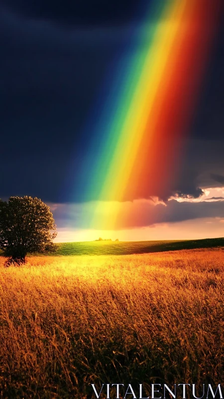 Vibrant rainbow cutting stormy sky above golden meadow.