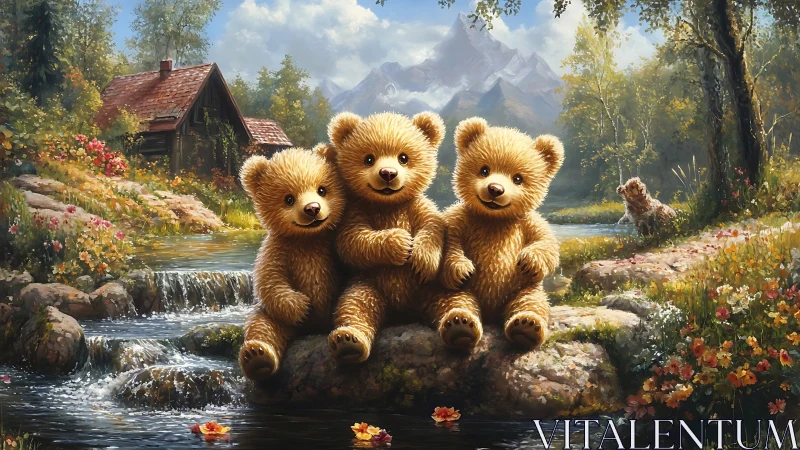 Three cartoon bear cubs sit on rocks by a forest stream