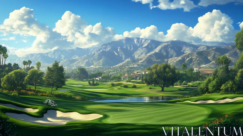 Sunlit mountain fairway dreaming beyond mirrored water greens.