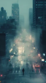 Solitary walker in misty midnight city street light glow.
