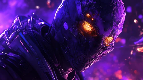 Cyborg head with illuminated eyes in violet environment.