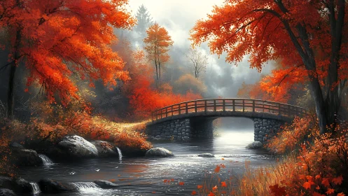 Stone arch footbridge over misty autumn river at sunrise