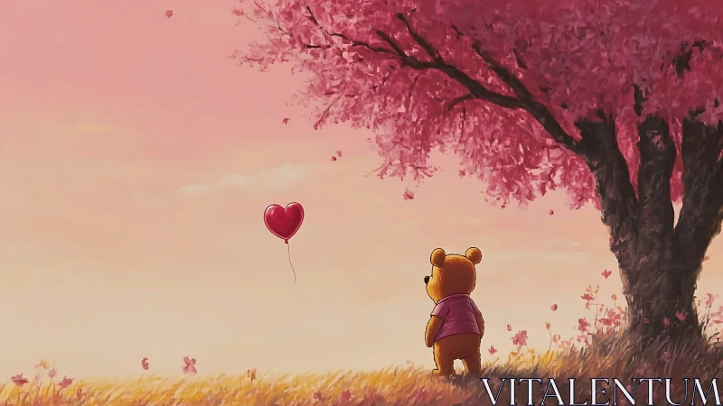 Winnie the Pooh holds red heart balloon beneath blooming cherry tree.