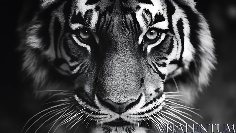 Close frontal portrait of tiger in monochrome detail.