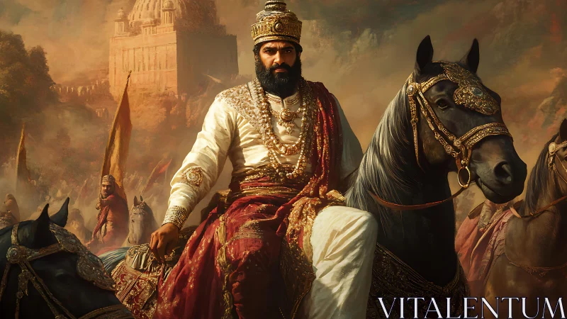 Armored cavalry commander in ornate regal attire leads mounted vanguard