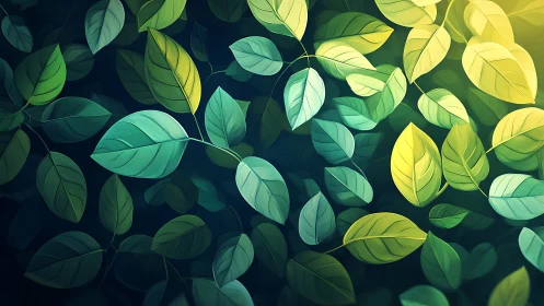 Overlapping green leaves with gradient light pattern.