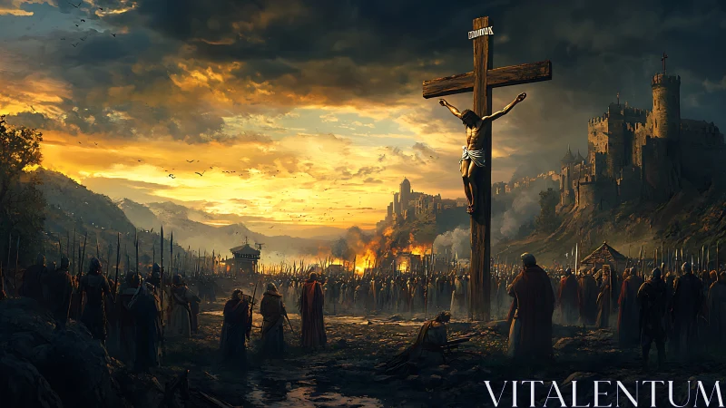 Storm-lit crucifixion towers above a seething medieval host