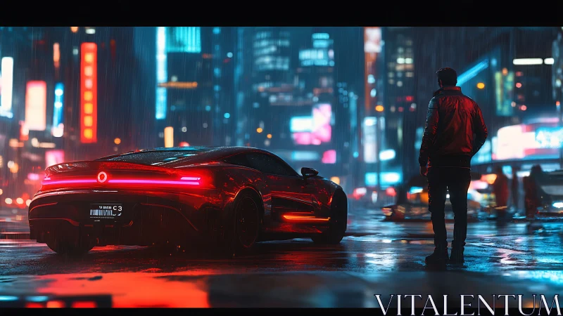 Futuristic sports car idles in neon city rain at night