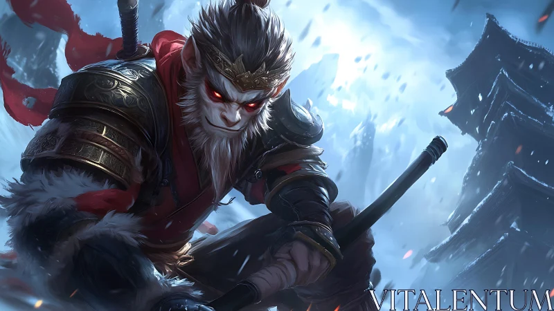 Cinematic simian warrior with staff in glacial assault scene.