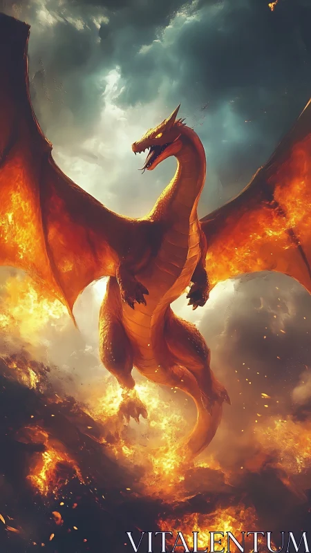 Inferno dragon rising through stormlit firestorm sky.